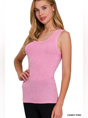 Zenana WASHED RIBBED SCOOP NECK TANK TOP